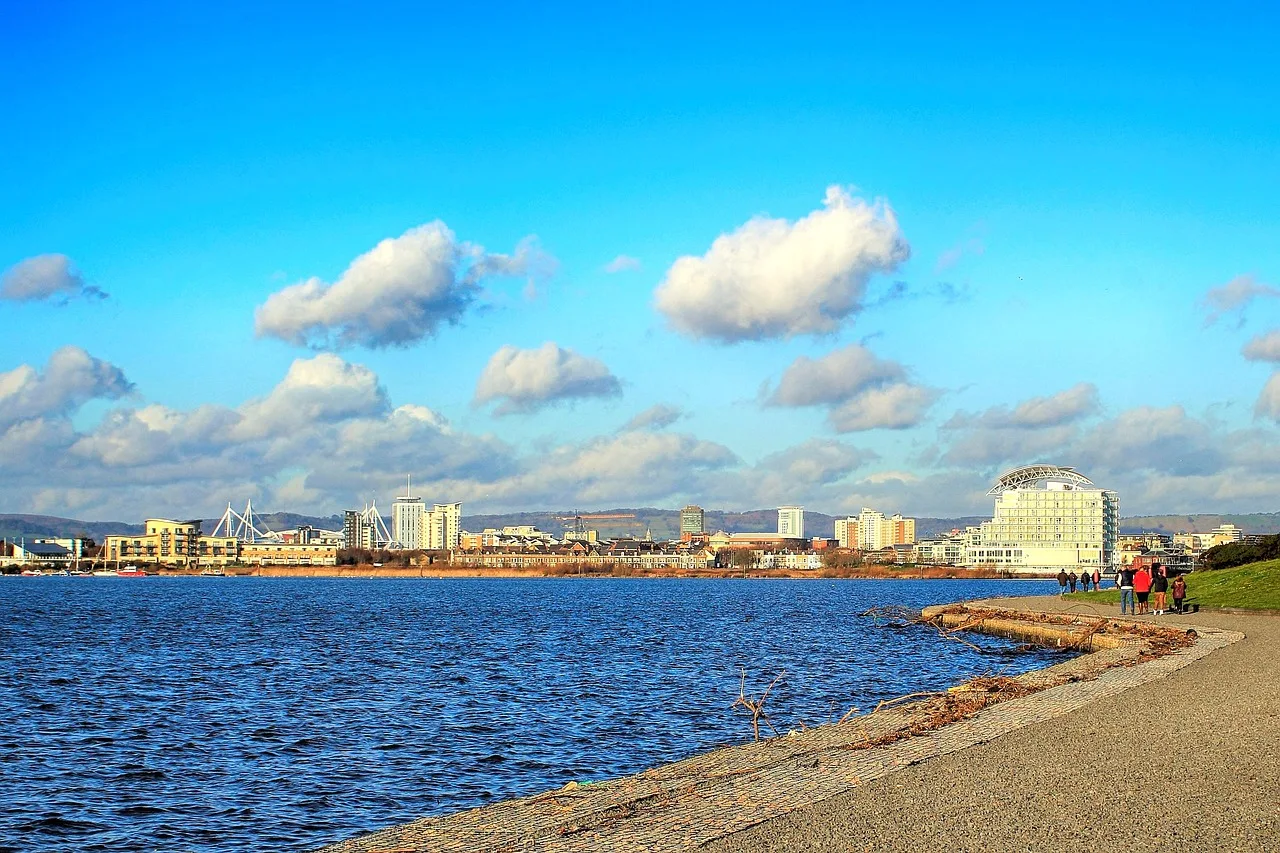 water, sea, sky, travel, panoramic, cardiff, blue sky, cardiff bay, barrage, city, millennium stadium, nature, sunlight, scene, light, ocean, architecture, landscape, panorama, blue, summer, tourism, scenic, sunny, outdoor, cloud, colorful, europe, landmark