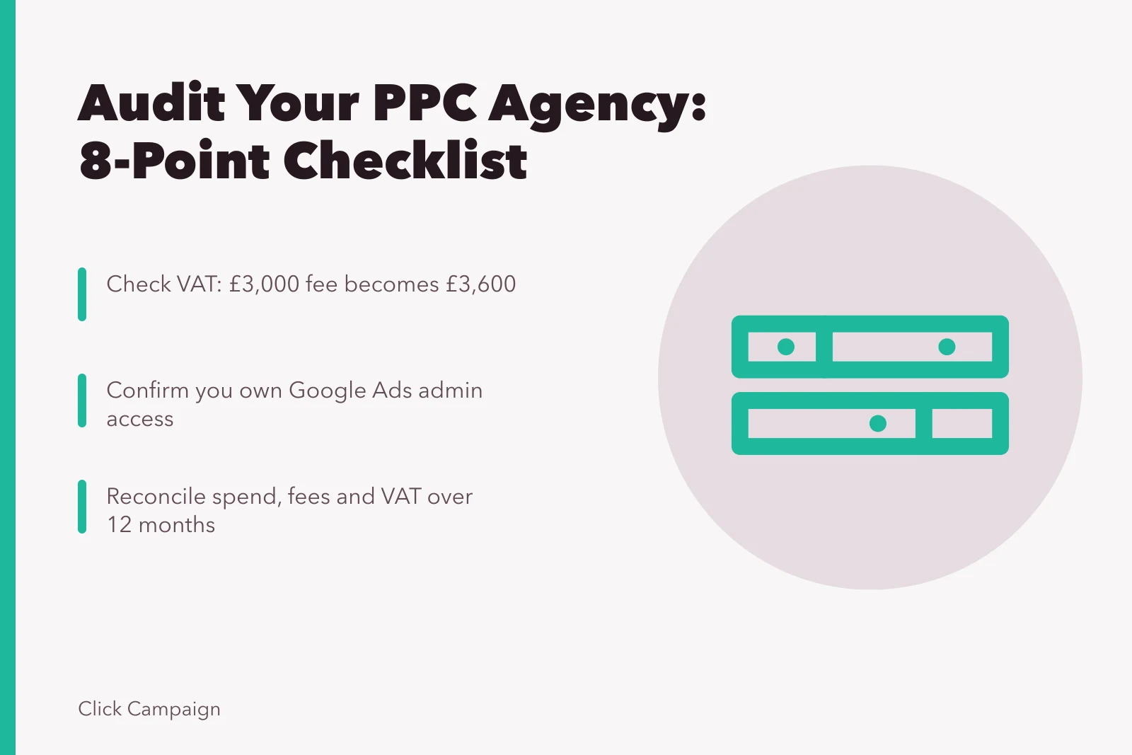Checklist card for auditing PPC agency fees, access and compliance