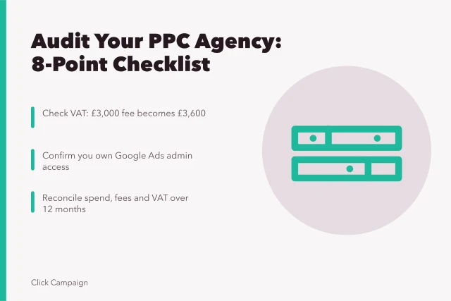 Checklist card for auditing PPC agency fees, access and compliance. How to audit a PPC agency: an 8-point checklist for UK advertisers