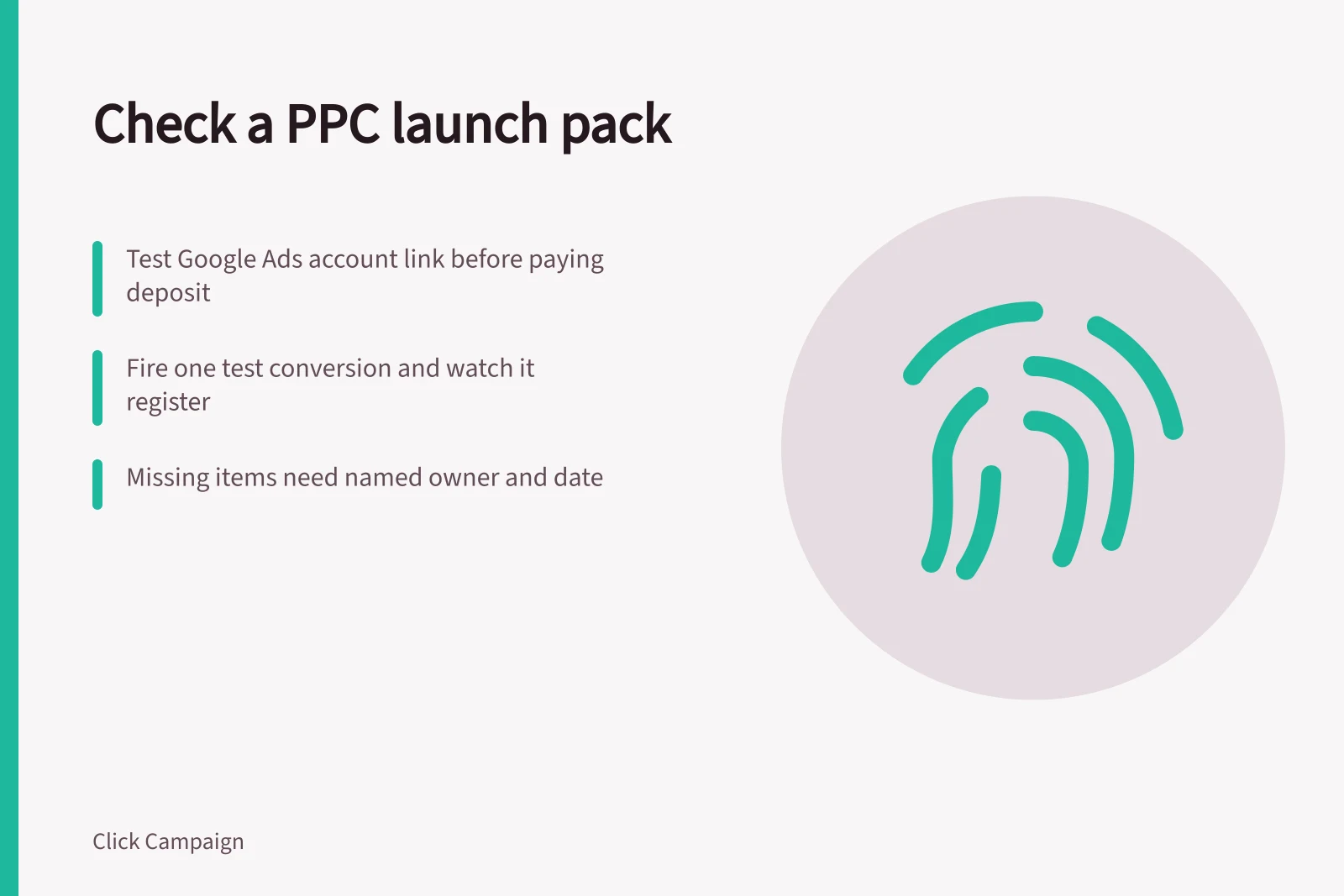 Checklist card for verifying a PPC agency launch pack before signing