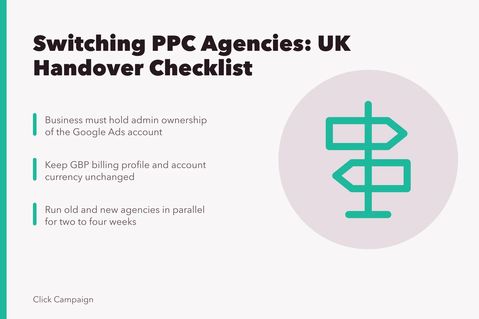 Checklist card for switching PPC agencies while keeping Google Ads ownership and billing