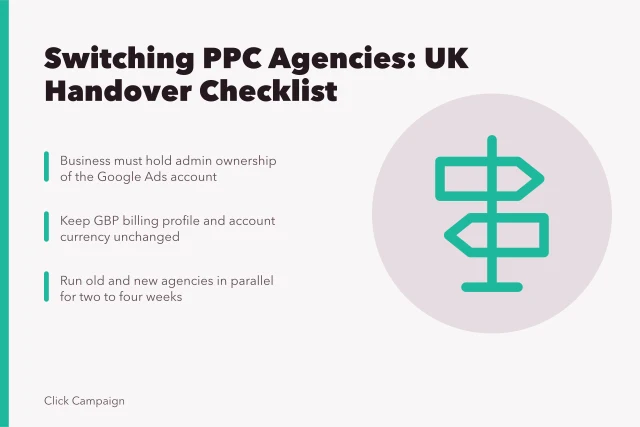 Checklist card for switching PPC agencies while keeping Google Ads ownership and billing. How to switch PPC agencies without losing performance: UK checklist