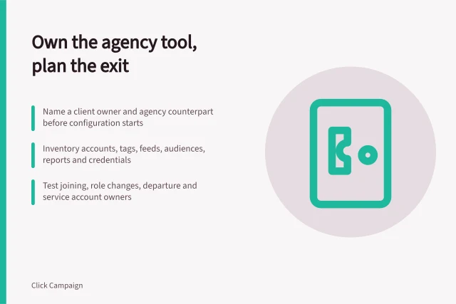 Card on naming owners and planning an agency tool exit. Implementing an agency tool with named ownership and a workable exit