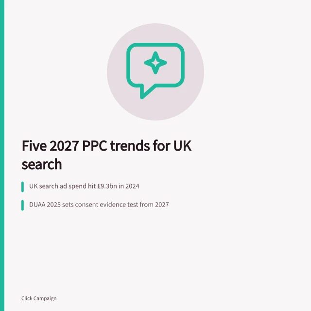 Card listing five 2027 PPC trends shaping UK paid search. When to act on the PPC agencies 2027 trends shaping UK search
