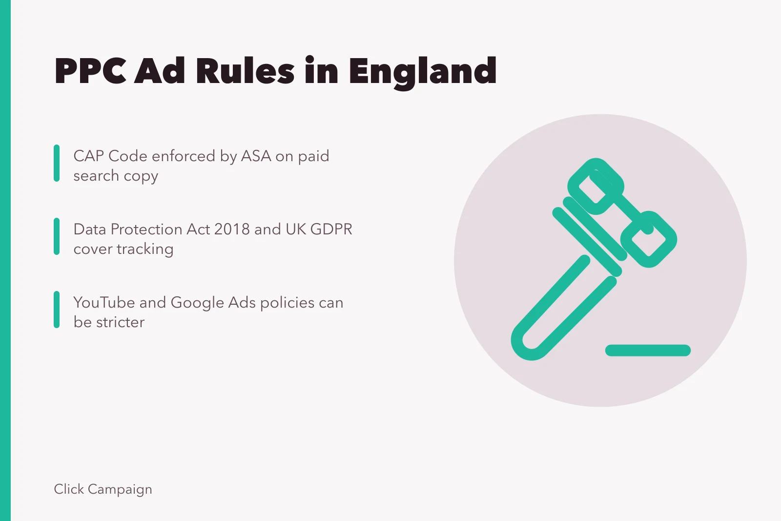 Card summarizing PPC advertising rules in England: CAP Code, data protection, platform policies