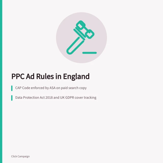 Card summarizing PPC advertising rules in England: CAP Code, data protection, platform policies. PPC agencies advertising rules in England explained