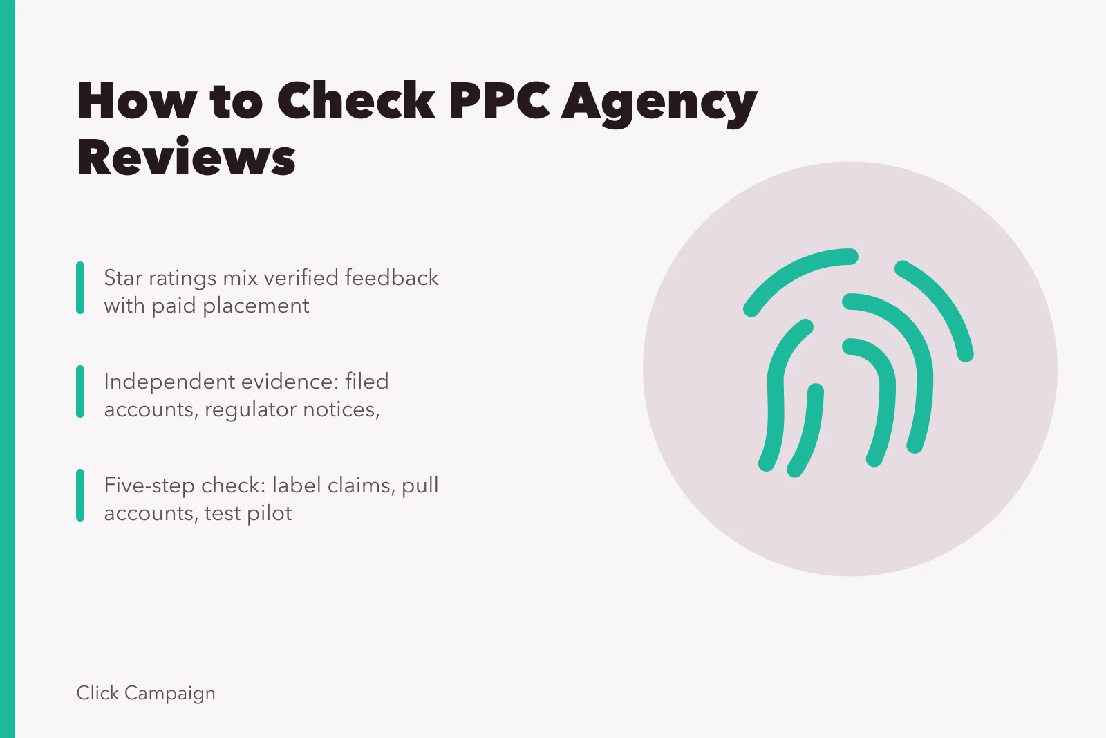Card outlining how to verify evidence behind PPC agency reviews