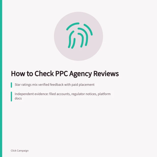 Card outlining how to verify evidence behind PPC agency reviews. Check the data sources behind PPC agencies agency reviews