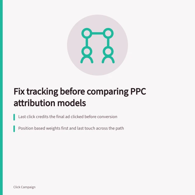 Card comparing four PPC attribution methods and their credited touchpoints. Before you compare PPC agencies attribution methods, check these four things