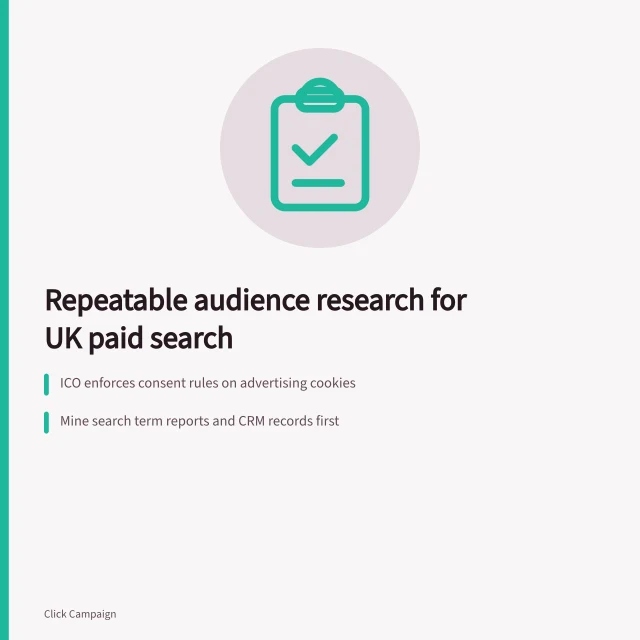 Card outlining a repeatable PPC audience research method for UK paid search. Build a repeatable audience research method for UK paid search