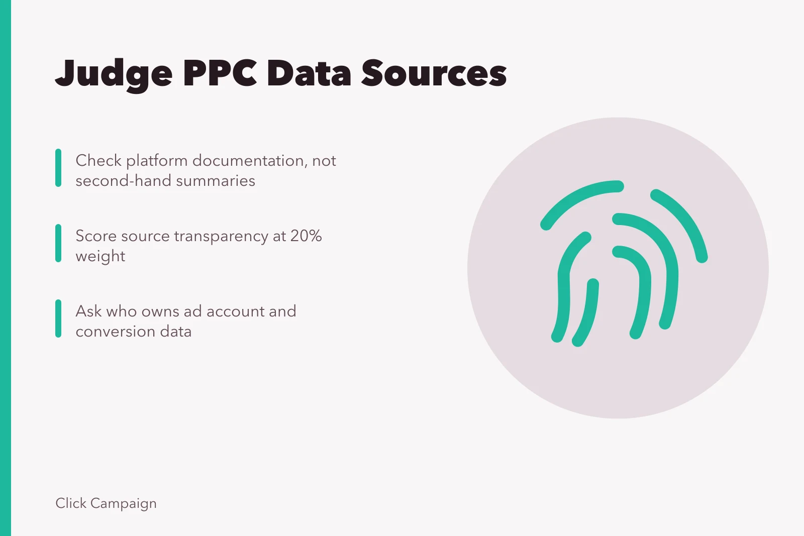 Card: Judge PPC Data Sources with three verification points