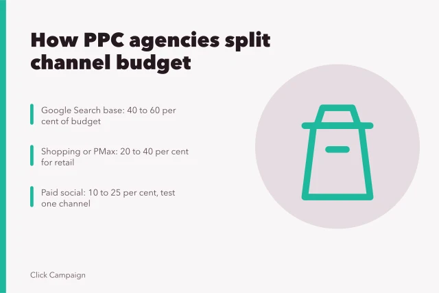 Card comparing typical PPC budget splits across search, shopping and social channels. How PPC agencies channel strategy works explained