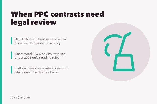 Card listing legal review triggers for PPC agency contracts. When to put PPC agencies commercial contracts under legal review