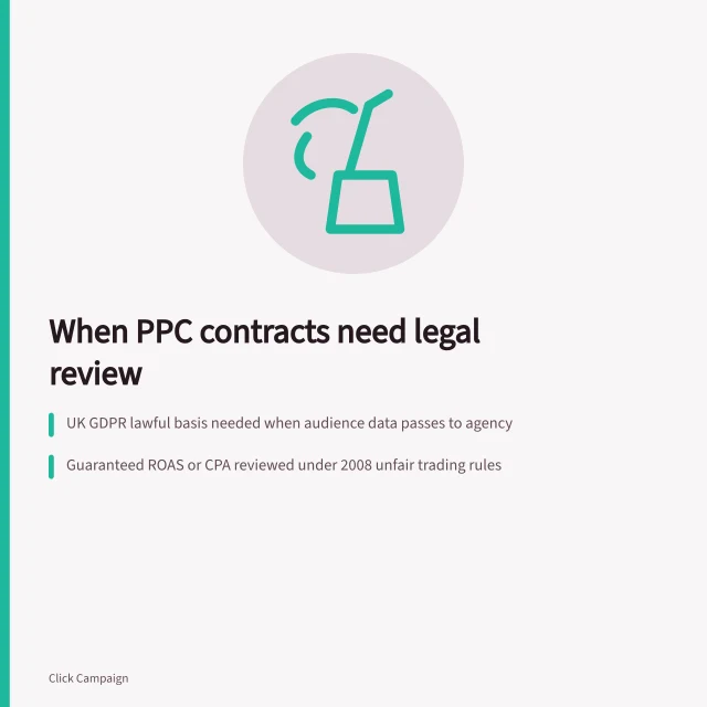 Card listing legal review triggers for PPC agency contracts. When to put PPC agencies commercial contracts under legal review