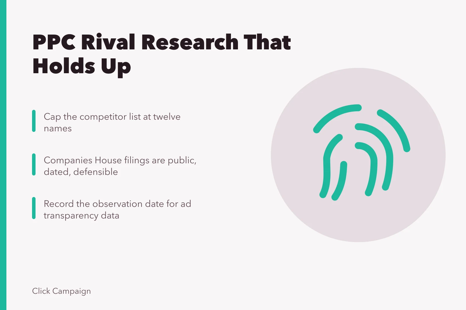 Checklist card for PPC agency competitor research methods and evidence