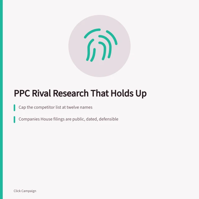 Checklist card for PPC agency competitor research methods and evidence. How to run PPC agencies competitor research that stands up