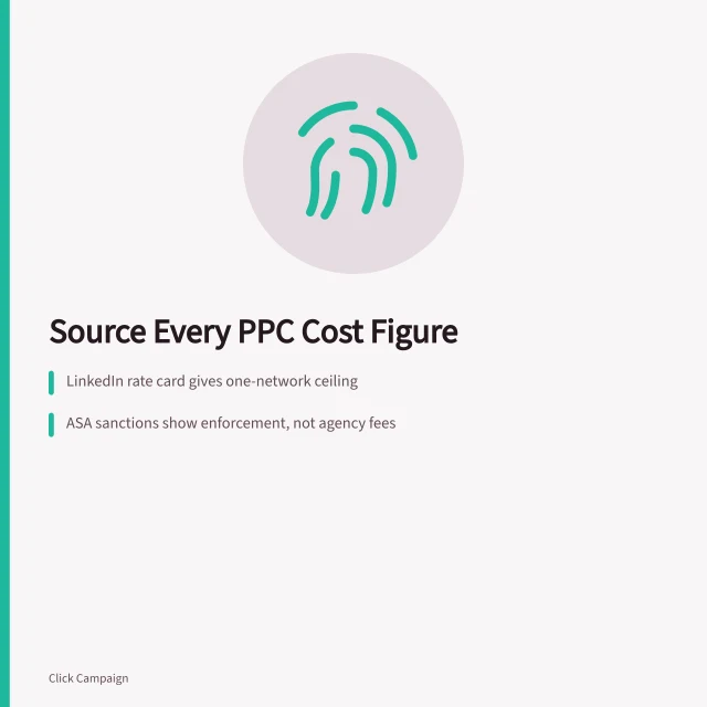 Card on sourcing PPC cost figures from LinkedIn, ASA, and GA4. A PPC agencies cost guide only works if the sources are named