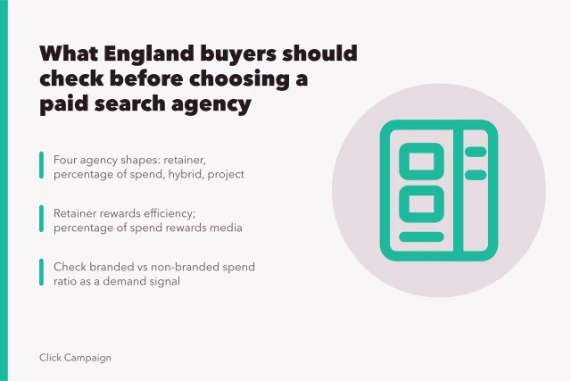 Guide to choosing a paid search agency in England. What England buyers should check before choosing a paid search agency