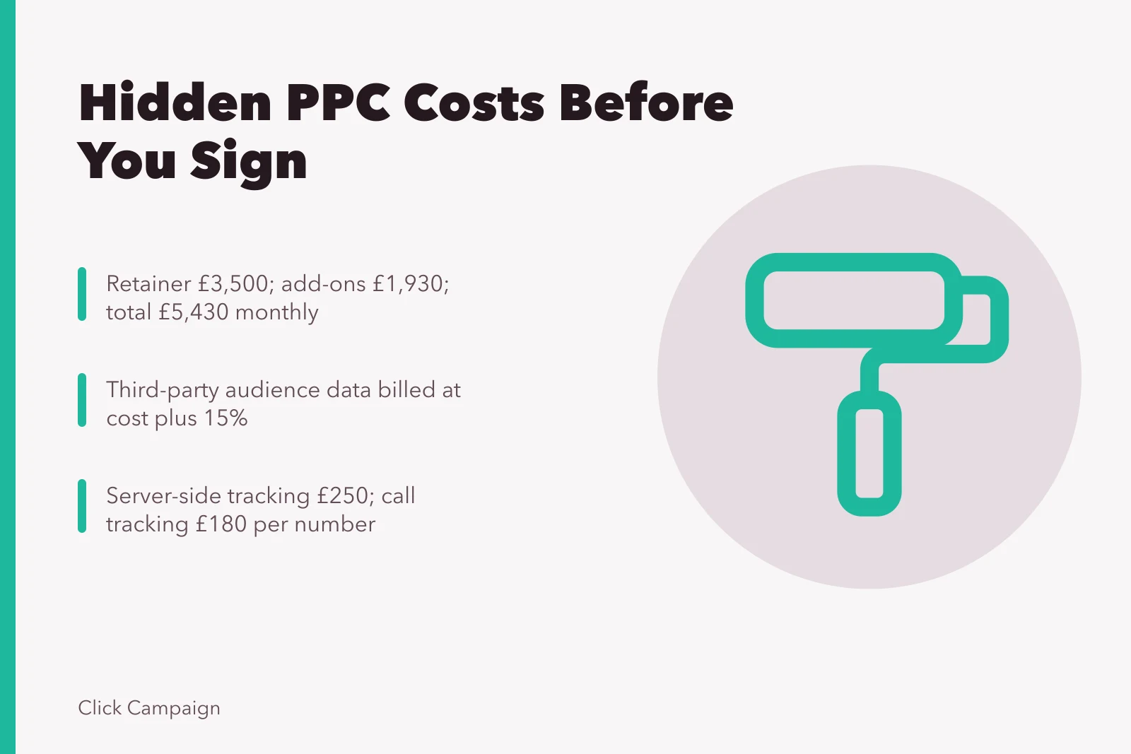 Card showing hidden PPC agency costs and contract clauses