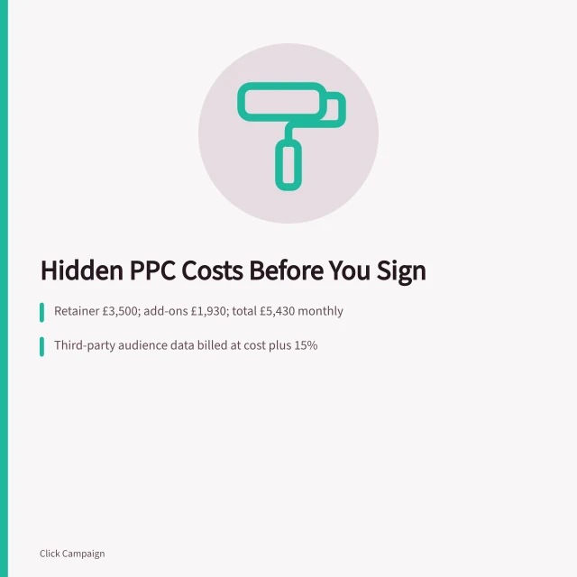Card showing hidden PPC agency costs and contract clauses. Before you sign, check the PPC agencies hidden costs in the paperwork
