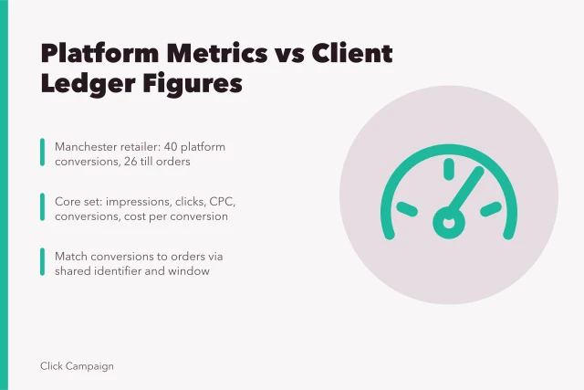 Card comparing platform conversion metrics with client ledger order figures. PPC agencies should report platform metrics beside client ledger figures