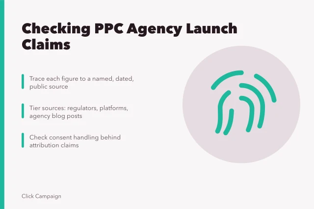 Card on verifying PPC agency launch claims against named sources. How to check PPC agencies launch review claims against sources
