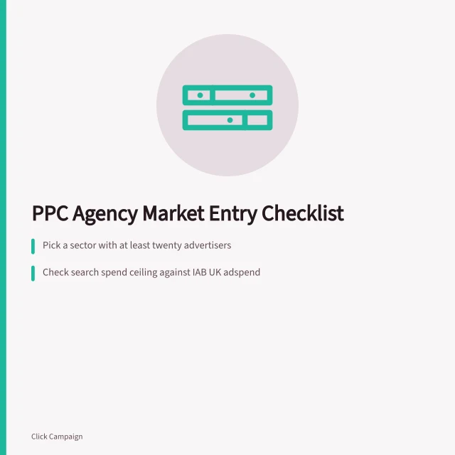 Checklist card for PPC agency market entry planning steps. Eight steps to build a PPC agencies market entry checklist