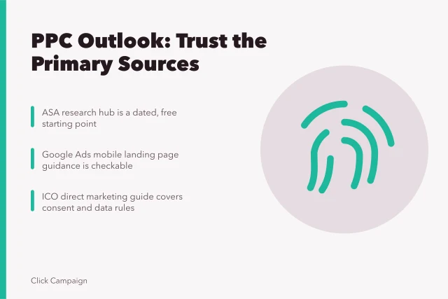 Card on PPC market outlook sources: ASA, Google Ads, ICO guidance. Where can you find data on the PPC agencies market outlook?
