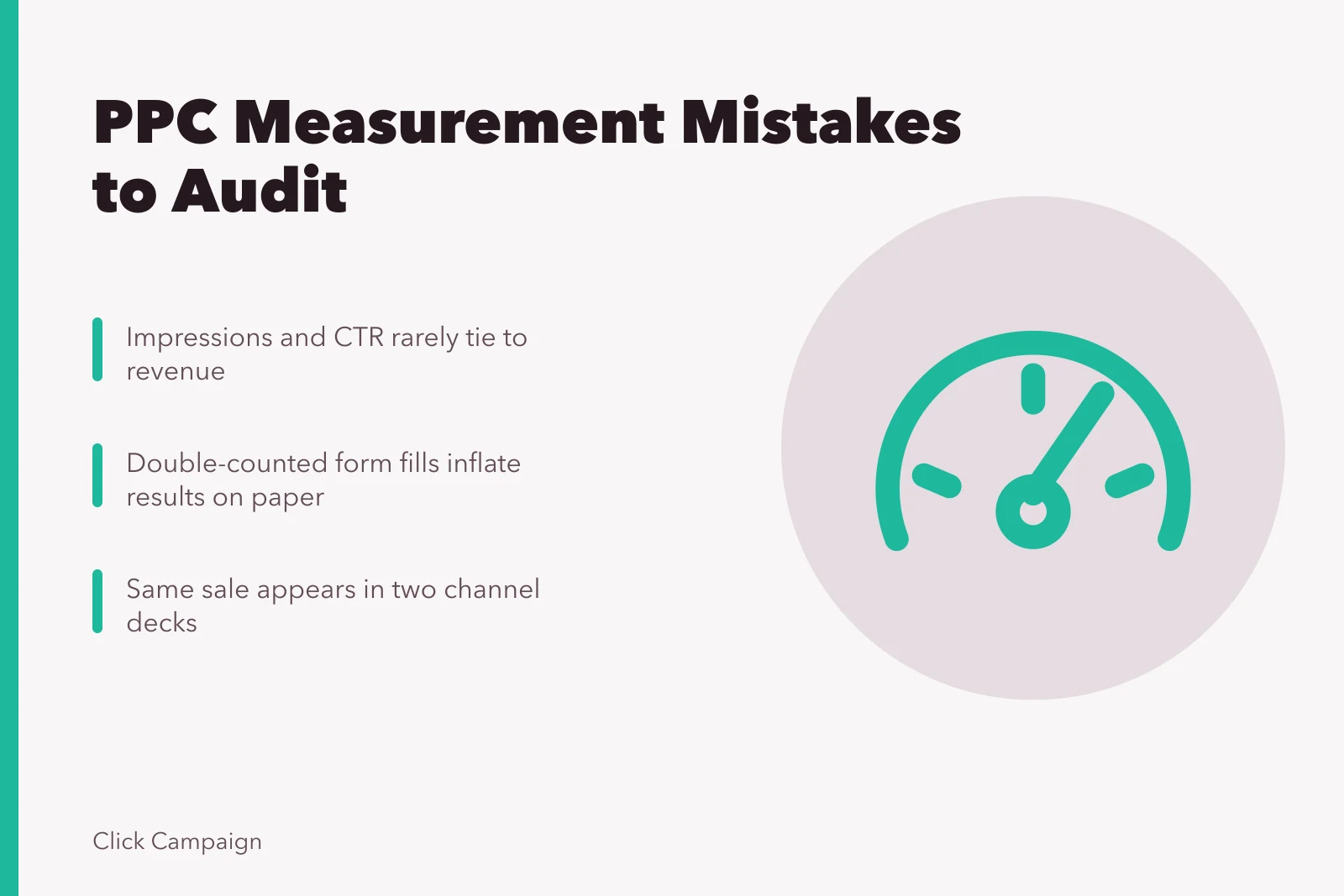 Card listing PPC measurement mistakes: vanity metrics, broken tracking, channel silos