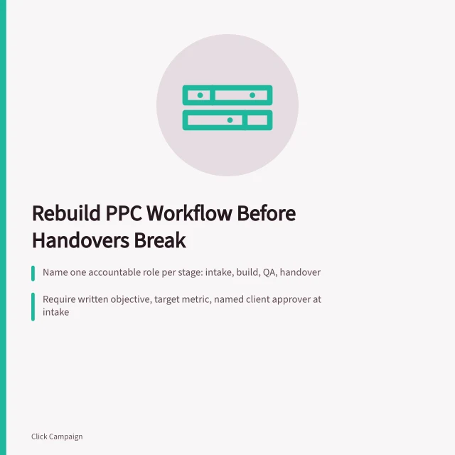 Card showing PPC workflow stages, owners and QA handover checks. When to redraw a PPC agencies operating workflow before handovers break