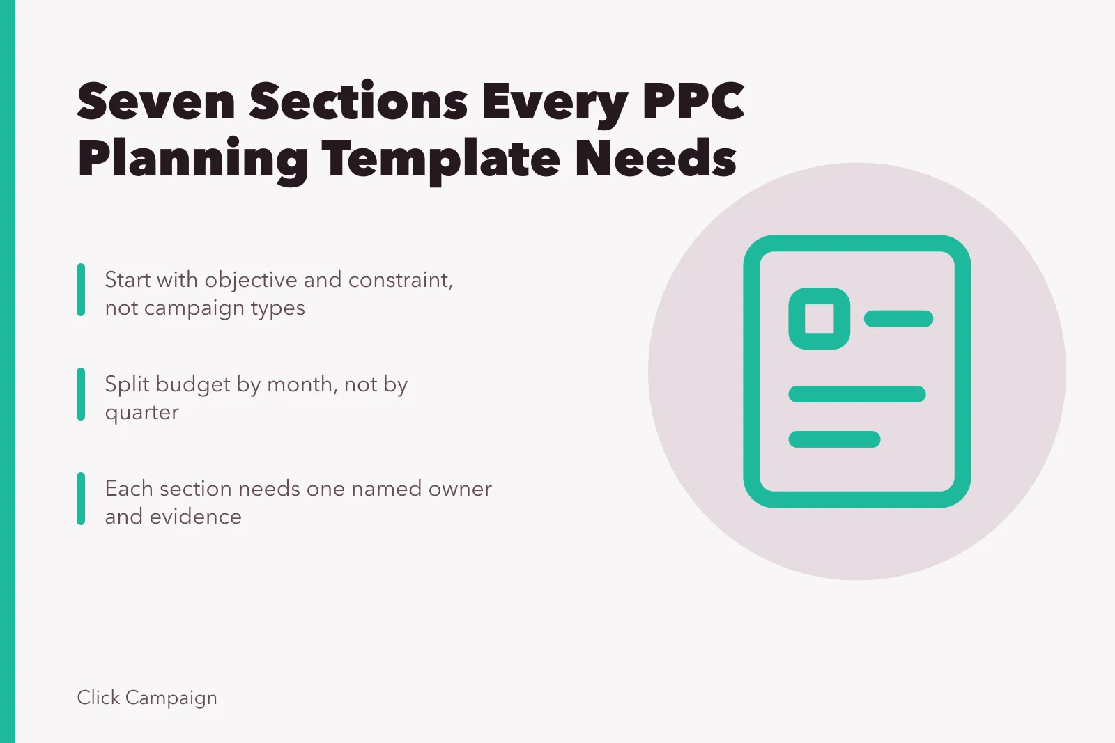 Card listing seven sections for a PPC agency planning template
