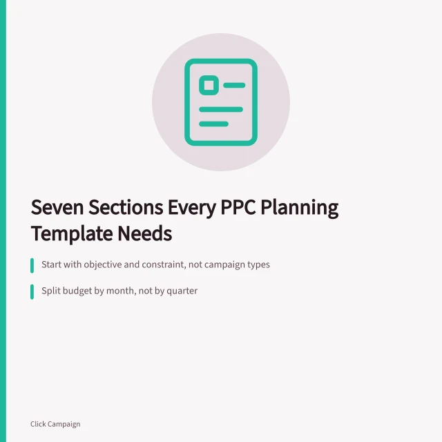 Card listing seven sections for a PPC agency planning template. Seven sections every PPC agencies planning template needs