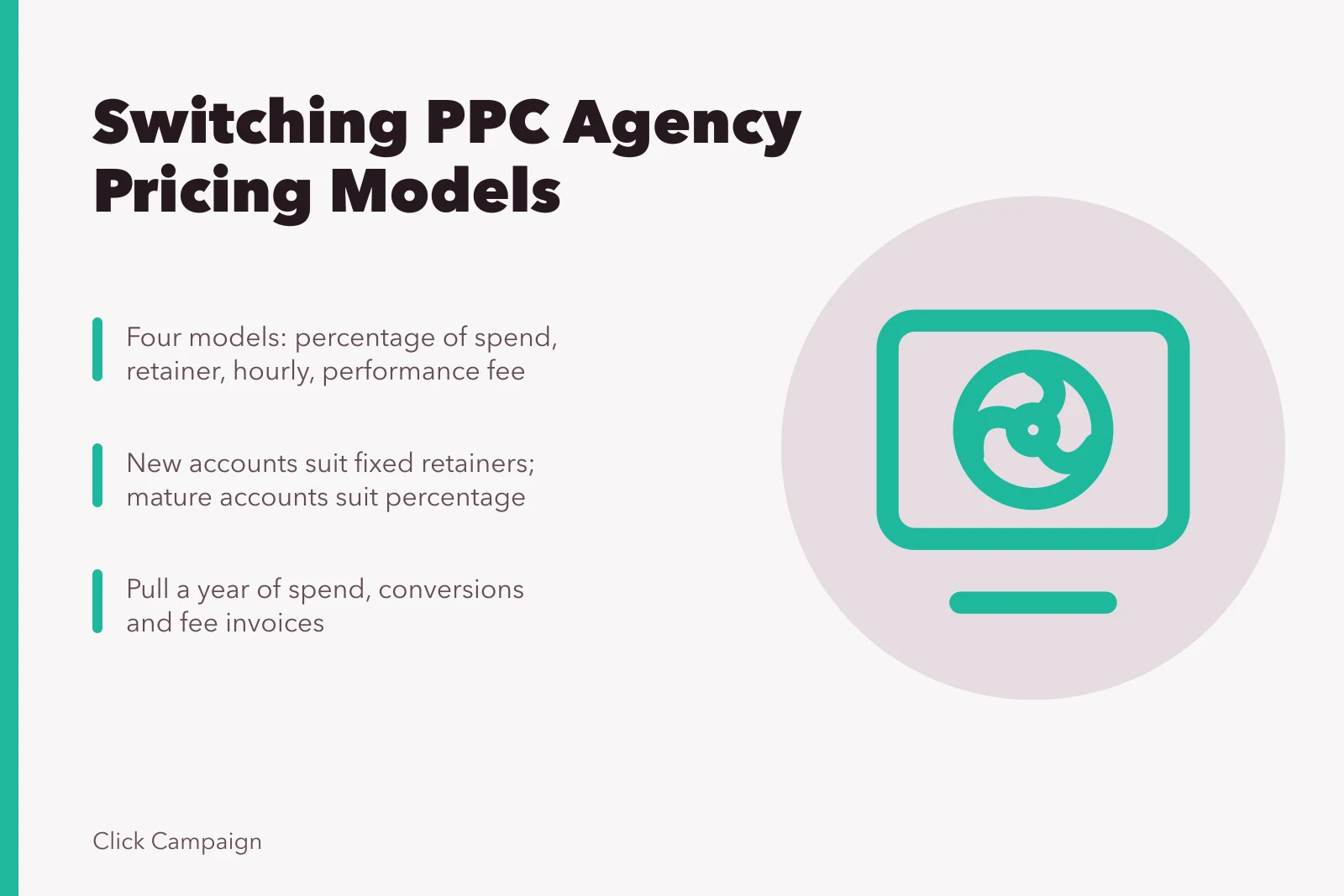 Card comparing PPC agency pricing models and switching triggers