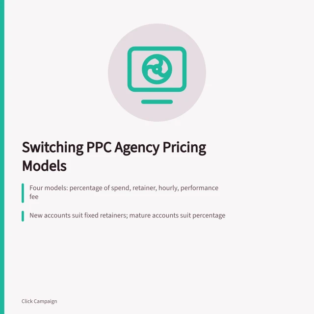 Card comparing PPC agency pricing models and switching triggers. When to switch between PPC agencies pricing models