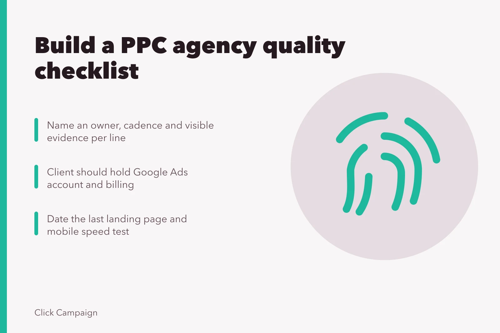 Checklist card for auditing PPC agency quality and ownership evidence