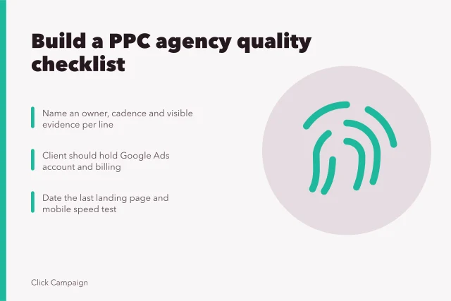 Checklist card for auditing PPC agency quality and ownership evidence. how to build a PPC agency quality checklist with a visible audit trail