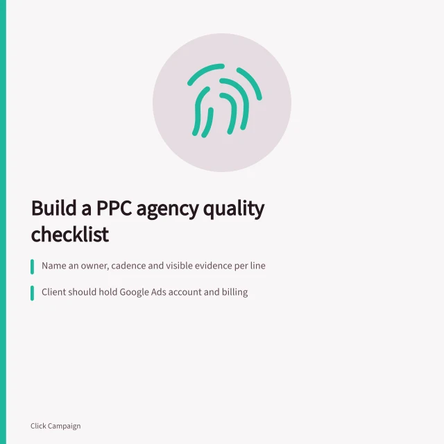 Checklist card for auditing PPC agency quality and ownership evidence. how to build a PPC agency quality checklist with a visible audit trail