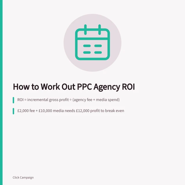 Calculator icon representing PPC agency ROI calculation with fees and media spend. How do you work out PPC agencies return on investment?