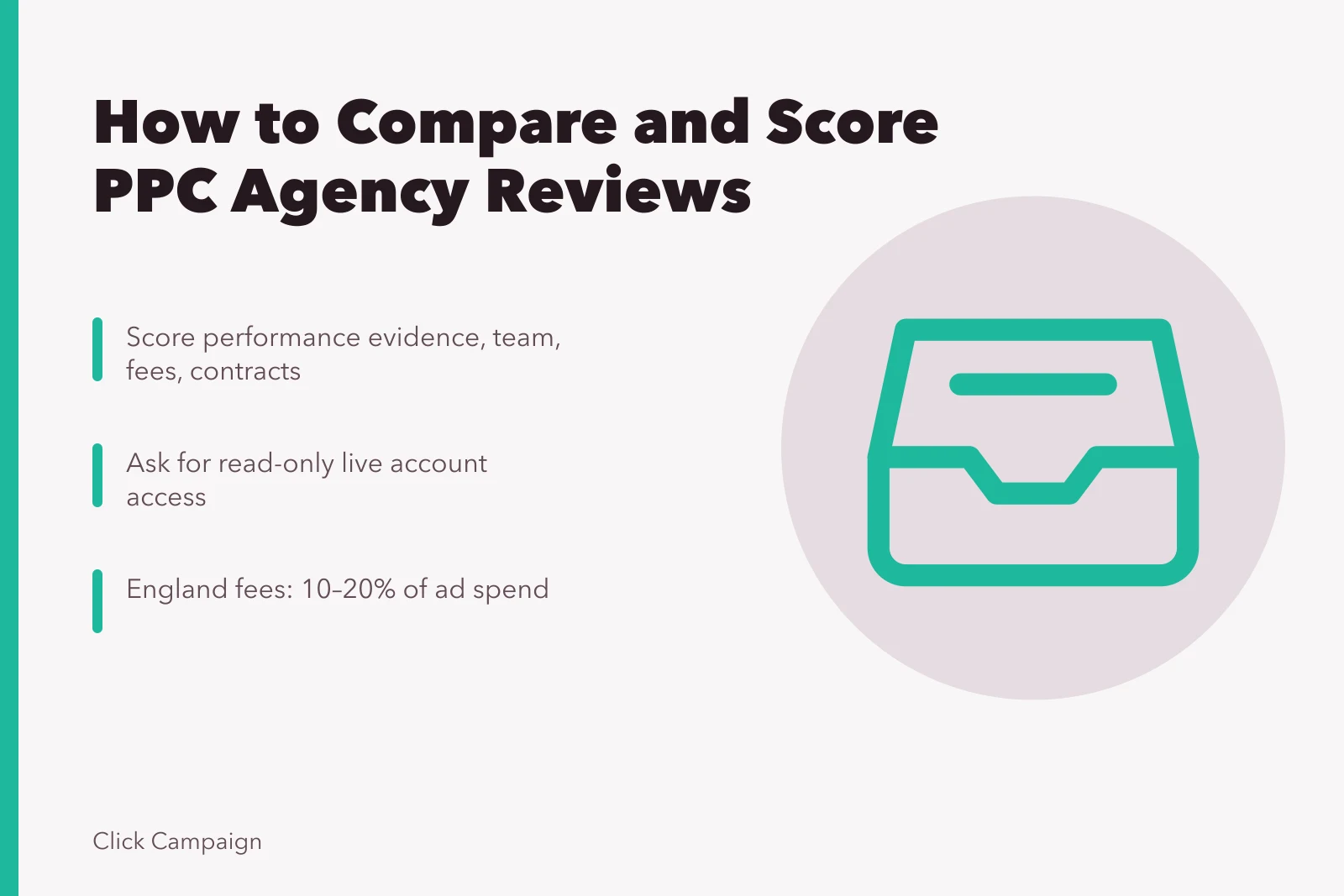 Card comparing PPC agency reviews with scoring criteria and fee benchmarks