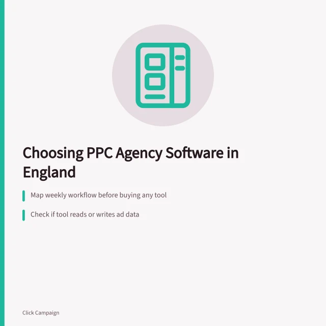 Card on PPC agency software selection: workflow, integration, costs. PPC agencies software selection explained for England teams
