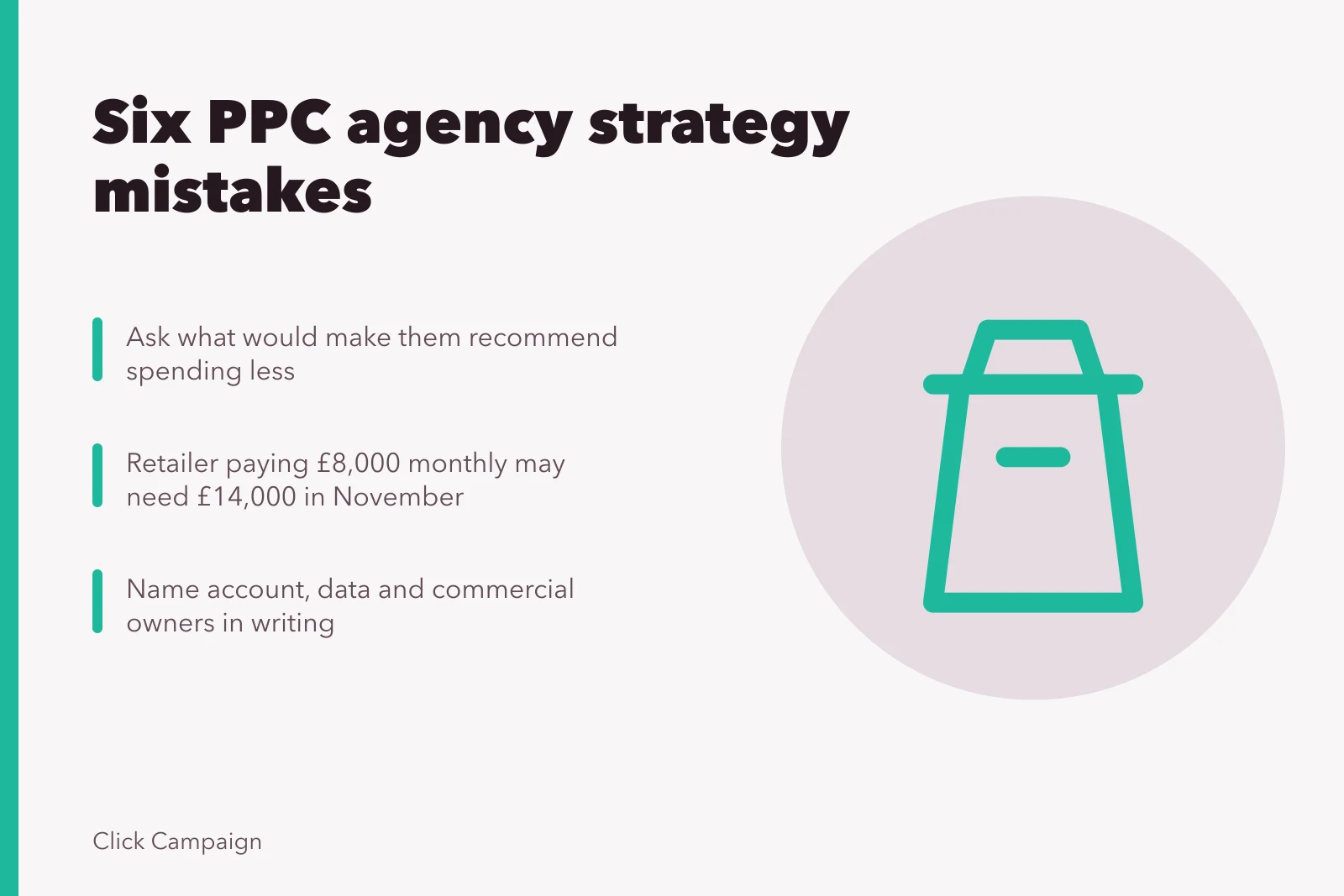 Card listing six PPC agency strategy mistakes that drain English ad budgets