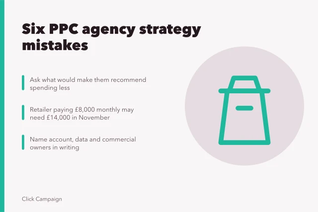 Card listing six PPC agency strategy mistakes that drain English ad budgets. Six PPC agencies strategy mistakes that quietly drain English ad budgets