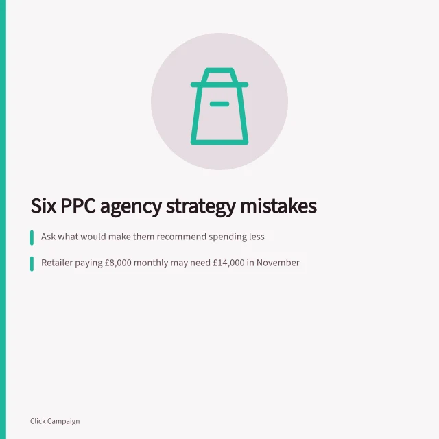 Card listing six PPC agency strategy mistakes that drain English ad budgets. Six PPC agencies strategy mistakes that quietly drain English ad budgets