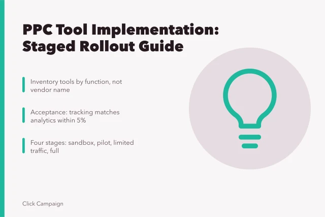 Card: PPC tool implementation stages, acceptance criteria, and inventory steps. How should PPC agencies tool implementation work for England clients?