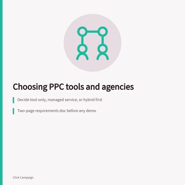 Card comparing PPC agency tools, providers and scoring criteria. A buyer's guide to PPC agency tools and providers