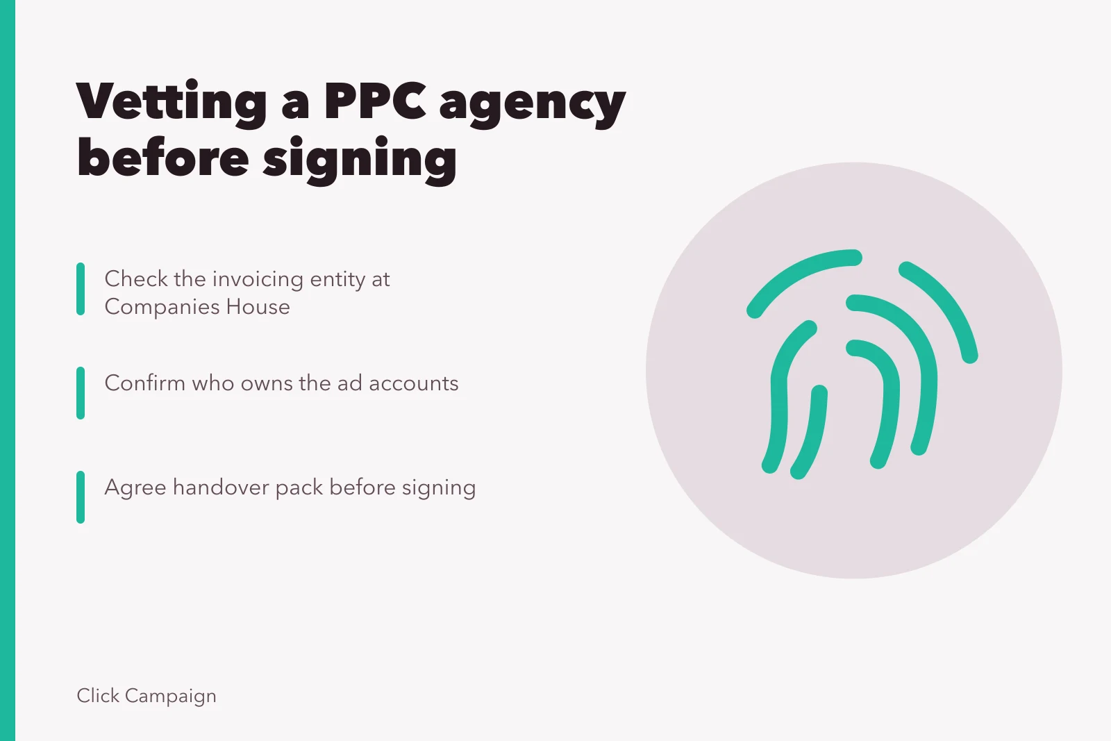 Checklist card for vetting a paid search agency before signing