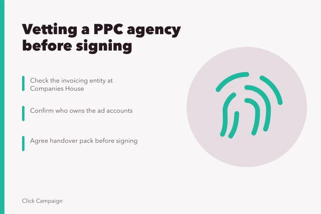 Checklist card for vetting a paid search agency before signing. When to run vendor checks on a paid search agency