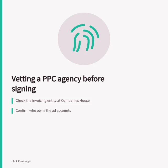Checklist card for vetting a paid search agency before signing. When to run vendor checks on a paid search agency