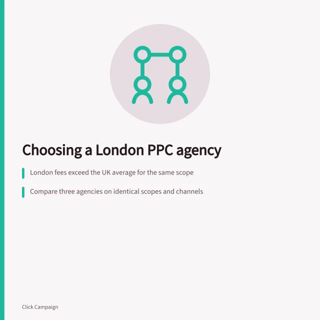 Card comparing London PPC agency fees, scopes and contract terms. PPC agency in London: how to choose the right partner