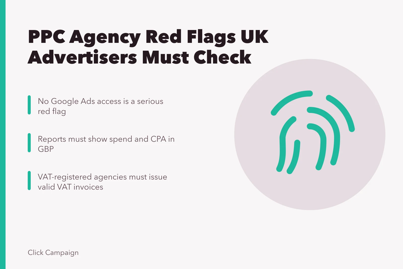 Card listing PPC agency red flags: account access, GBP reporting, VAT invoices